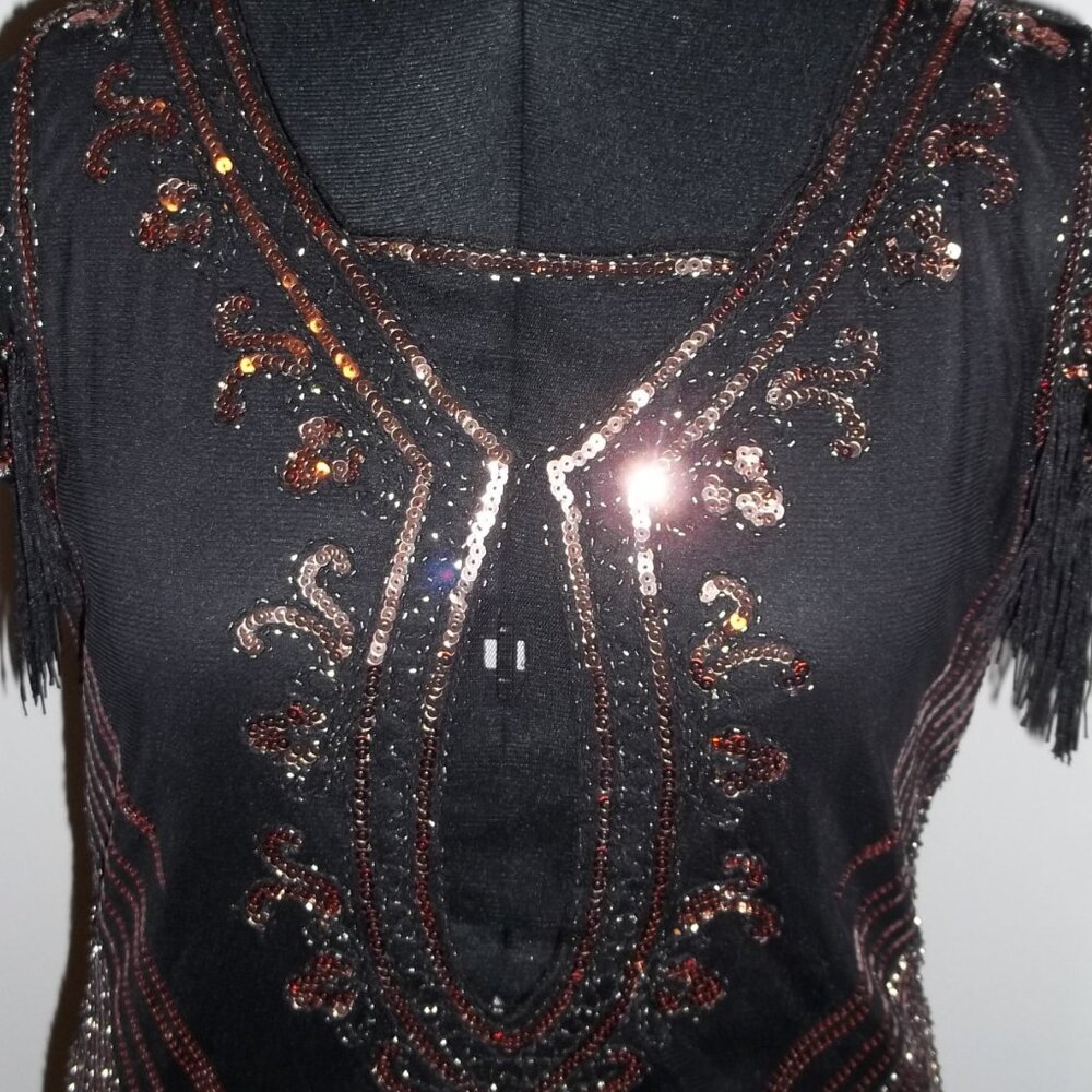 1920s Gatsby inspired Beaded Fringe Sheer Shoulder Sequin Dress